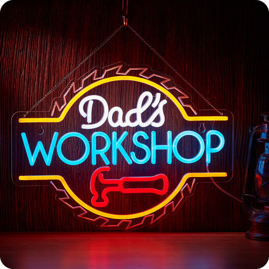 DadS Workshop Neon Sign For Wall Decor Garage Led Light Car Signs For Auto Repair Shop Man Cave Gift For Father 12.6 X 16.5 In (White Orange)