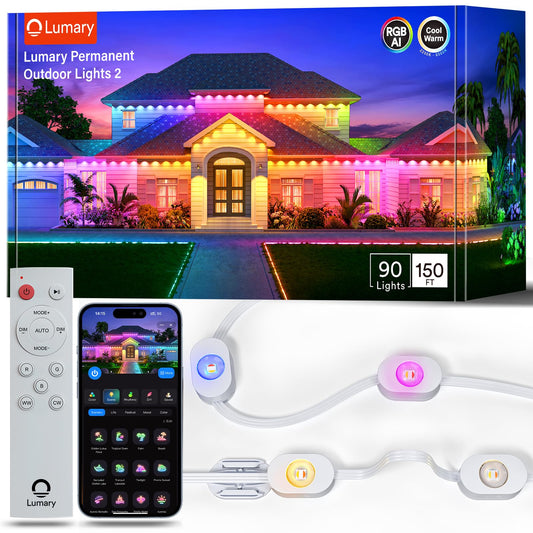Lumary Smart Permanent Outdoor Lights 2 With Remote & Slide-Base  150Ft With 90 Rgbaicw Leds 5400Lm For Daily & Accent Lighting  110+ Scene For Halloween Christmas Decor  Work With Alexa Google  White