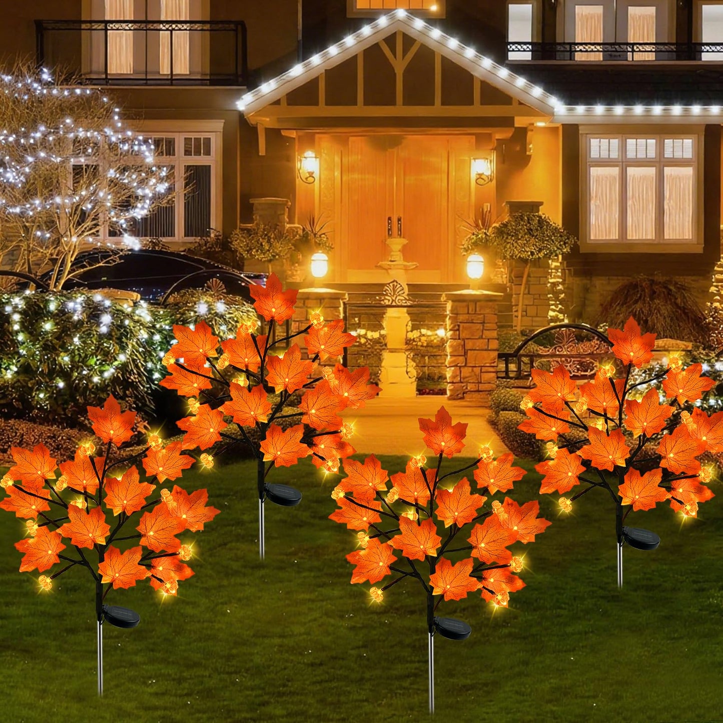 Laiamer 4Pack Fall Solar Lights Outdoor Decorative  Waterproof 80Led Orange Solars Lights Outdoor With 8 Modes  Pumpkin Solar Light For Fall Yard Outside Halloween Thanksgiving Decorations