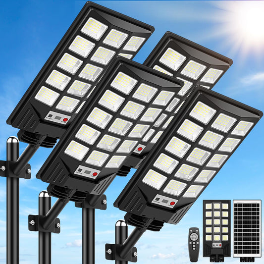 Solar Street Lights Outdoor Waterproof  30000Lm 6500K Led Motion Sensor Lights  Solar Flood Lights With Remote  Dusk To Dawn Solar-Powered Parking Lot Light  Commercial Area Lighting For Yard  4-Pack
