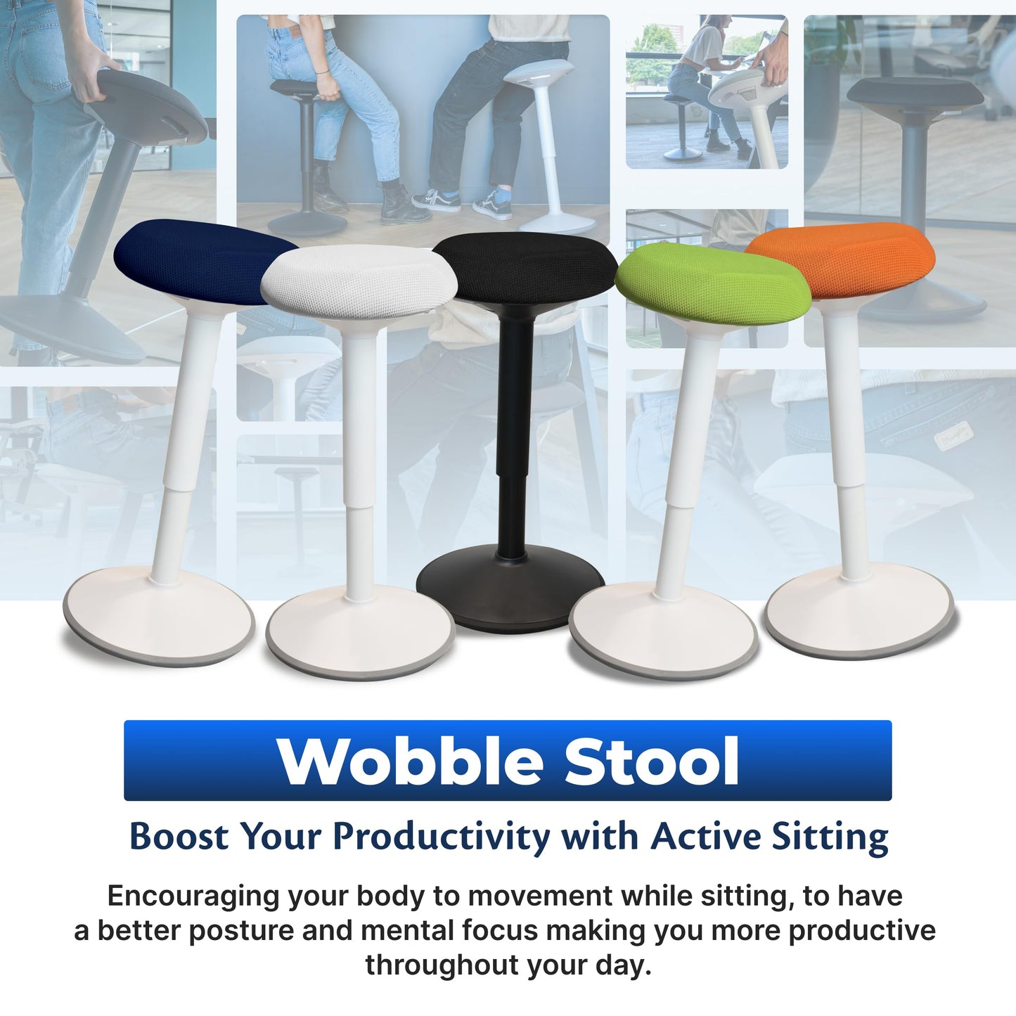 Backerz Standing Desk Stool Chair, Height Adjustable Stool 21-31 inch for Office and Classroom, Swivel Stool, Anti-Slip Bottom Ergonomic Wobble Stool with Rocking Motion, White