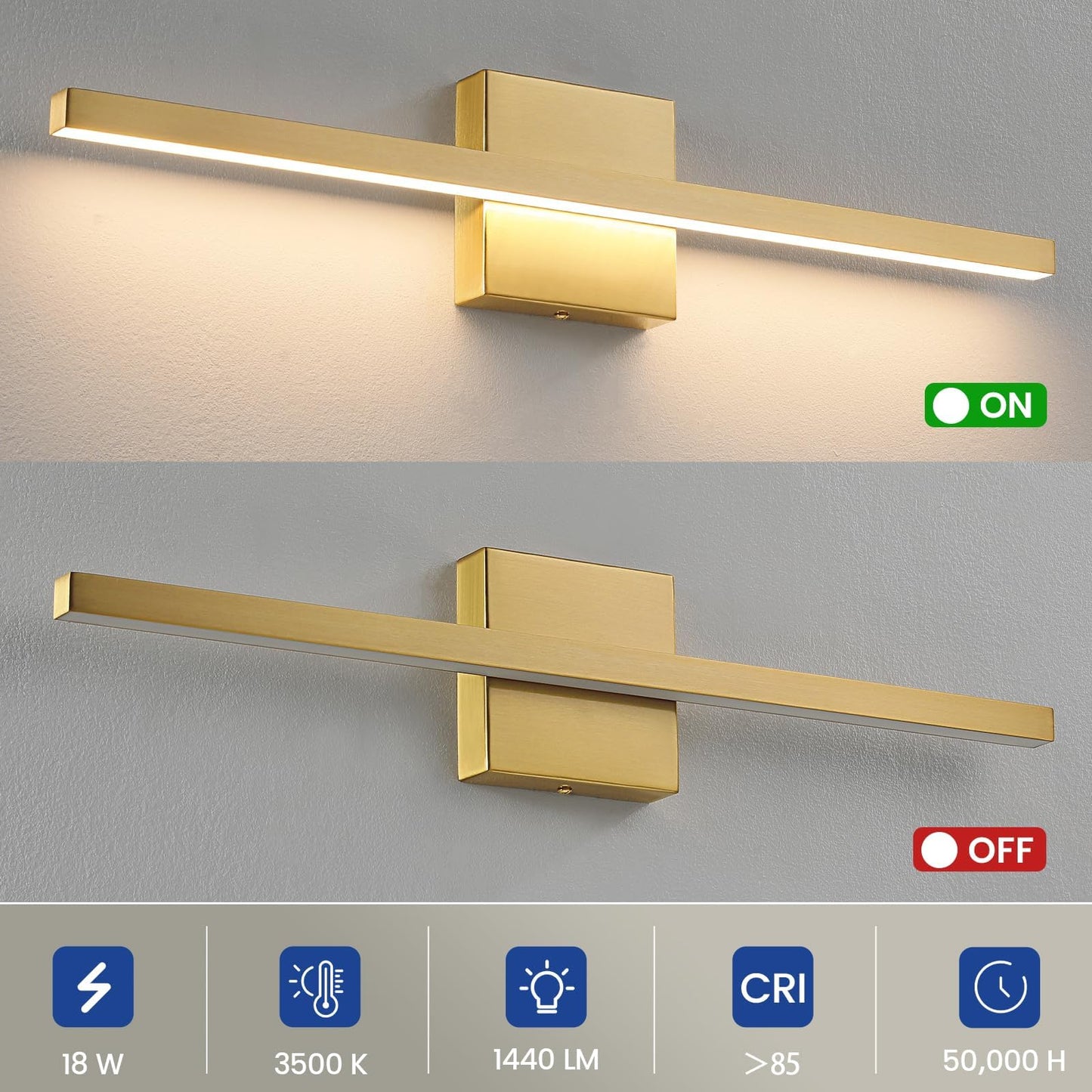 Epinl Gold Bathroom Light Fixtures - 23.6 Inch Brushed Gold Vanity Lights For Bathroom Over Mirror Dimmable18W Led Dimmable 5Cct Wall Sconce Lighting Fixture For Bathrooms Bedroom