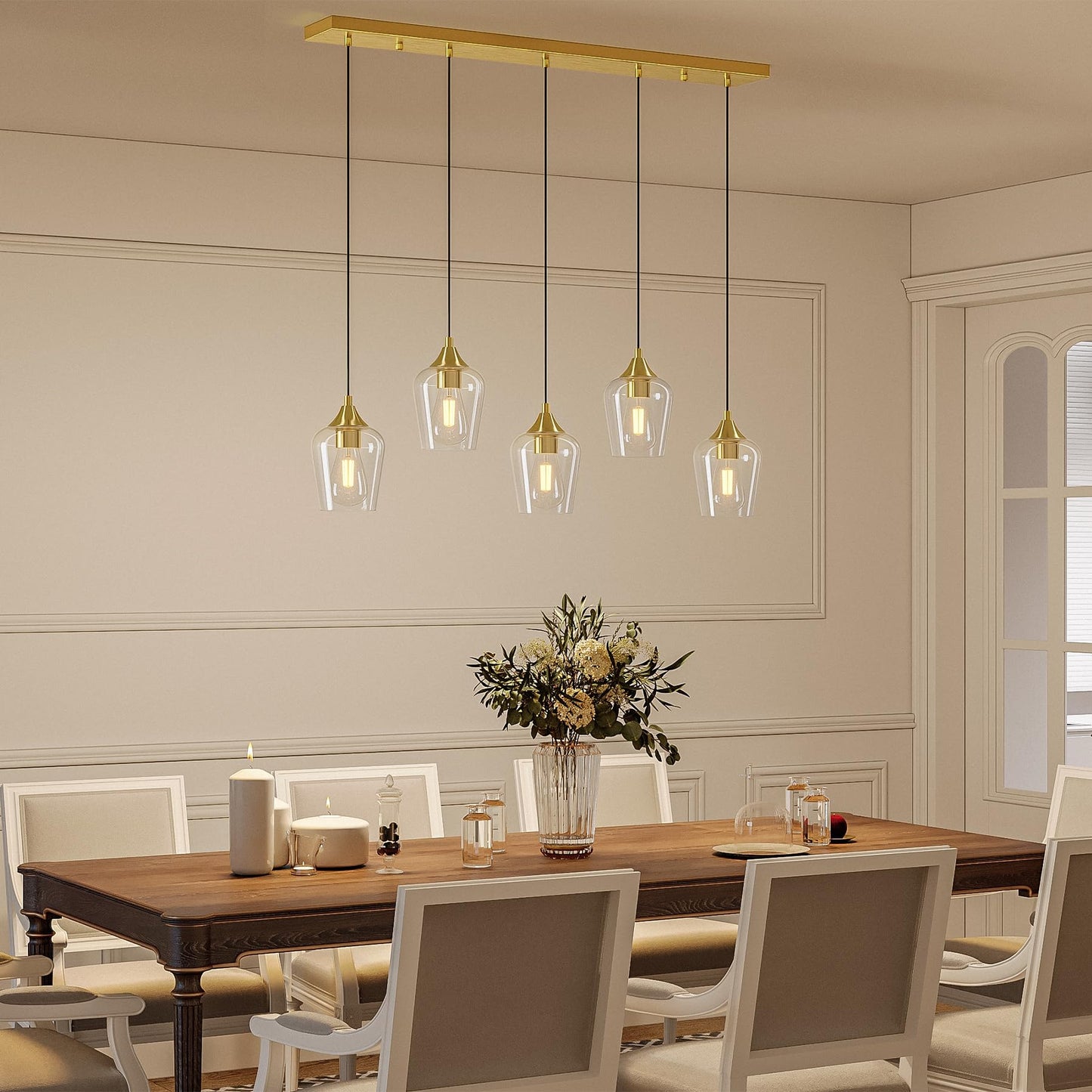 Vonluce 5-Light Pendant Light Kitchen Island  Pendant Light Fixture With 10-55 Height  Modern Pendant Lighting With Wine Glass Shades For Living Room Hallway  Brushed Gold  Etl Certificated
