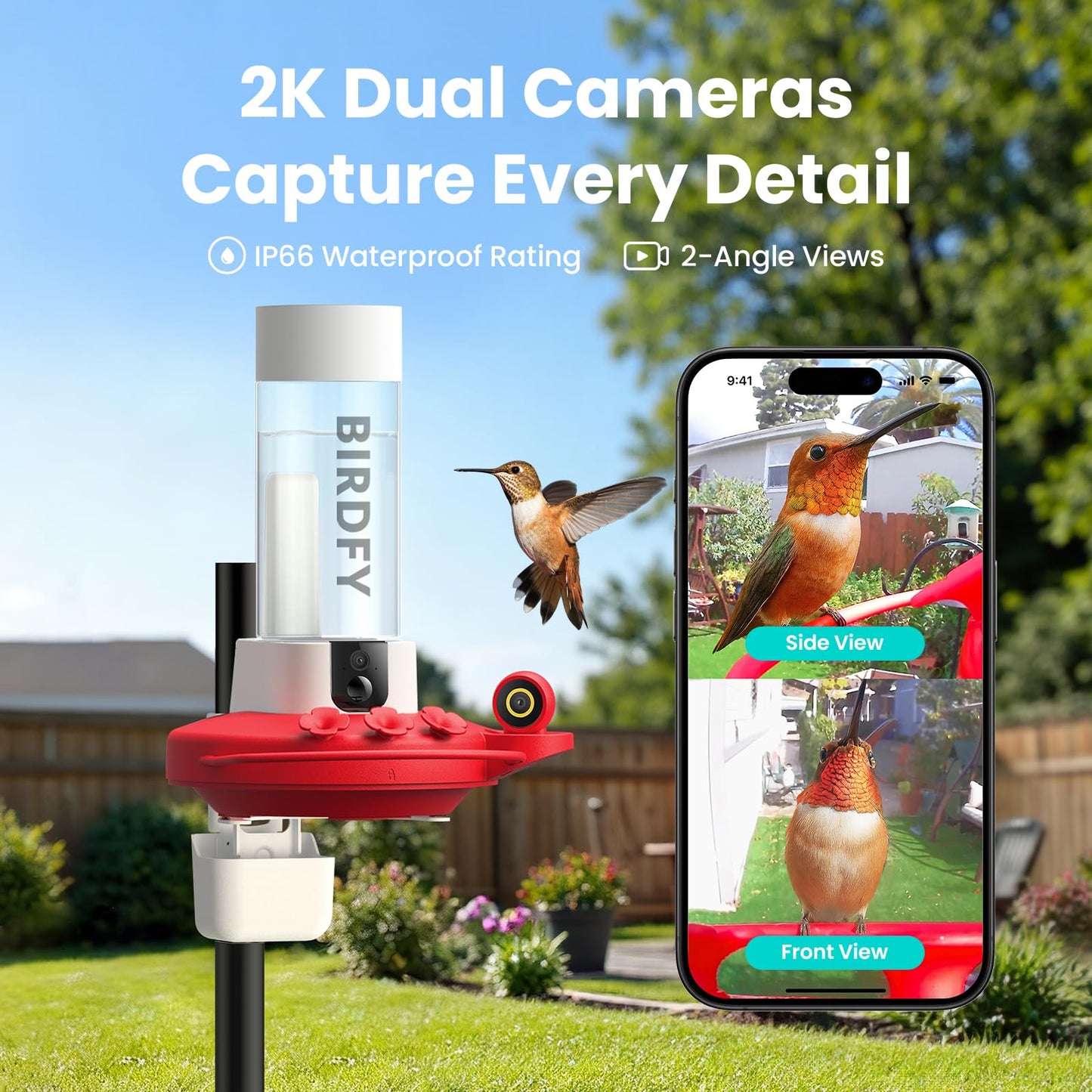 Birdfy Hummingbird Feeder with Dual Cameras - 2K HD Smart Cameras Solar Powered, Close-Up Bird Video/Live Watching & Instant Notifications, Ant Moat & Leakproof - 20oz (AI Lifetime)