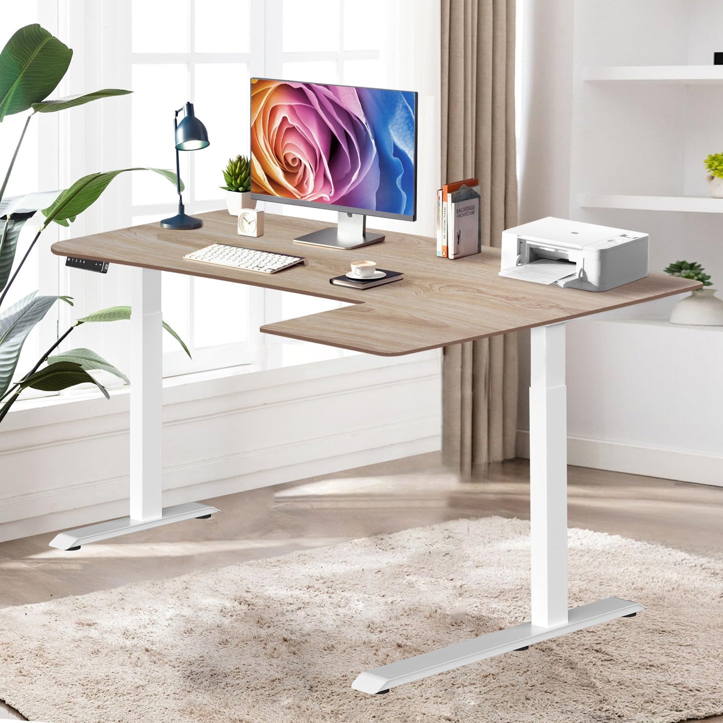 Fromann Standing Desk Frame Electric Height Adjustable Desk Legs Sit Stand Up Table Base Dual Motor L Shaped Corner with USB for Home and Office (White)