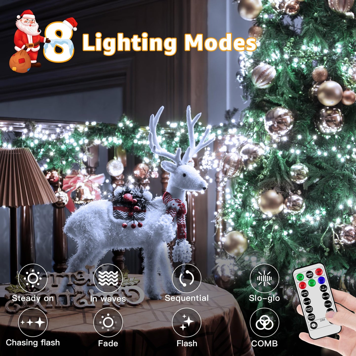 Ccinny 1200 Led 59 Ft Cluster Lights  White Christmas Tree Lights 8 Modes Timer Remote  Waterproof String Lights For Indoor Outside Garland Xmas Decorations