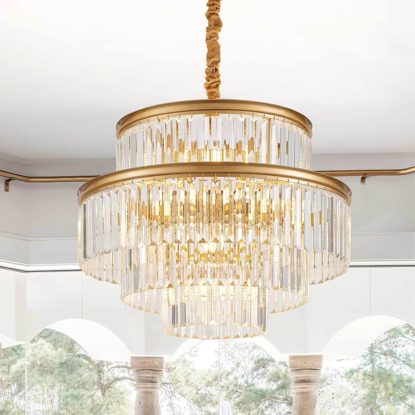 Brfaixla 21.6 14-Light Modern Crystal Chandelier Light Fixtures 4-Tier Gold stylish Chandeliers For Dining Room Round Hanging Pendant Lighting For Living Room Kitchen Entryway Bedroom Foyer Hallway
