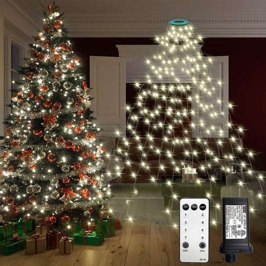 Christmas Tree Lights With Ring 9.9Ft 16 Line 544 Led Green Wire Fairy Waterfall String Light Plug In Dimmable Cascading Twinkle Lights With 8 Lighting Modes For Indoor Outdoor Xmas Tree(Cool White)
