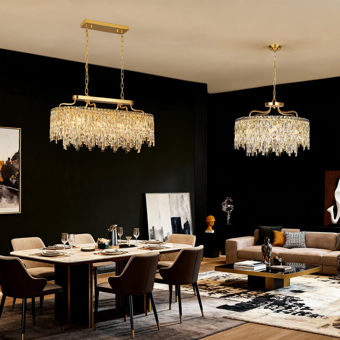 Nisidun Gold Crystal Chandelier | Modern stylish Oval-Shaped Chandeliers For Dining Room Light Fixture  32 10-Light Crystal Ceiling Lighting Fixture For Dining Room Kitchen Island Bar