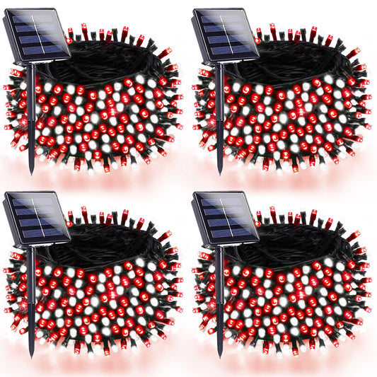 4 Pack 180Ft Solar Christmas Lights Outdoor Waterproof  Super Bright 320 Led Solar String Lights With 8 Lighting Modes  Green Wire Twinkle Tree Light For Outside Xmas Party Decorations (Red And White)