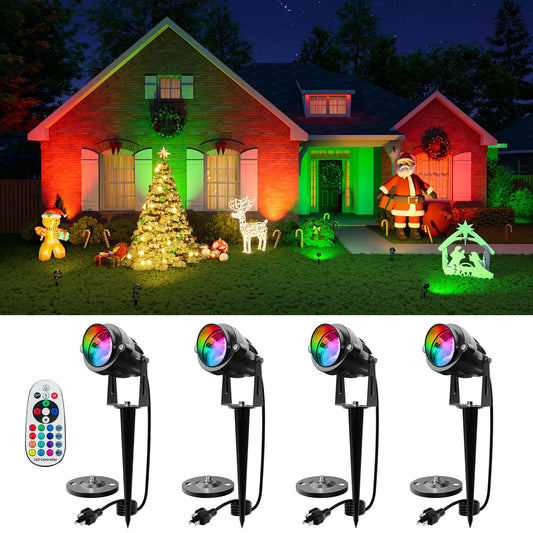 4 Pack Christmas Rgb Landscape 12W Spotlights For Outdoor & Indoor Decoration Waterproof 120V Wired Color Changing Spot Light With Remote For Lighting Xmas Tree And Wreath  Santa Claus  Gift Box