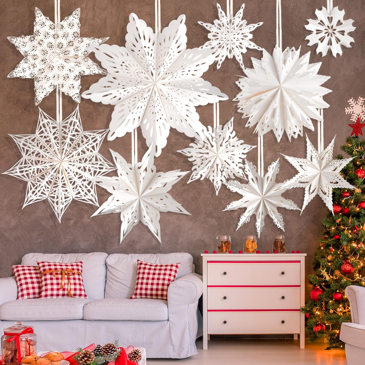 10 Pcs Christmas Paper Snowflake Lanterns  Large Christmas Paper Star Lanterns With Led Lights White Hanging Snowflake Lamp Ornaments For Xmas Winter Frozen Weddings Birthday Holiday Party Decorations