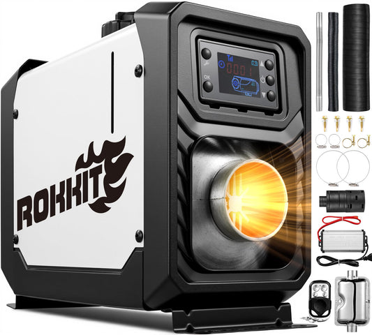 ROKKIT Portable Diesel Air Heater, 8KW, 110V/12V, LCD Monitor & Remote Control, Low Noise, Ideal for Tent, Car, RV, Camper