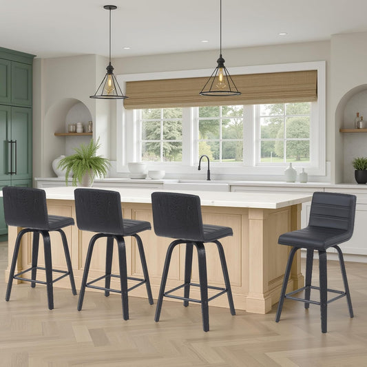 Armen Living Vienna Modern Swivel 26" Counter Height Barstool with Black Faux Leather and Black Wood Finish