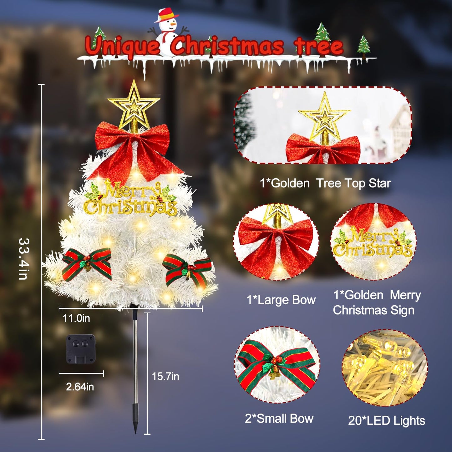 4 Pack Christmas Tree Solar Pathway Lights Outdoor Decorations  Waterproof Artificial Mini Xmas Tree Stake Lights With Diy Ornamets For Garden Yard Porch Decor (White Tree)