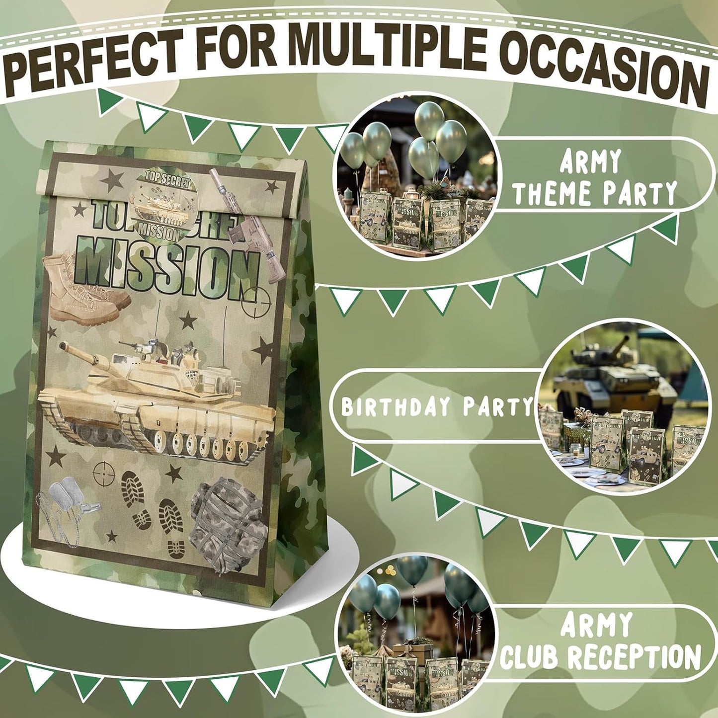 Army Party Favor Bags – 24 Pcs Camouflage Gift Bags with 4 Designs, Military Party Supplies for Kids Birthday Decorations and Tough Mission Theme Goodie Bags