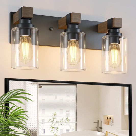 Farmhouse Bathroom Vanity Light Fixtures  Rustic 3-Light Wood Vanity Lights For Bathroom  Vintage Black Wall Sconces Lighting  Light Fixtures Over Mirror  With Glass Shade