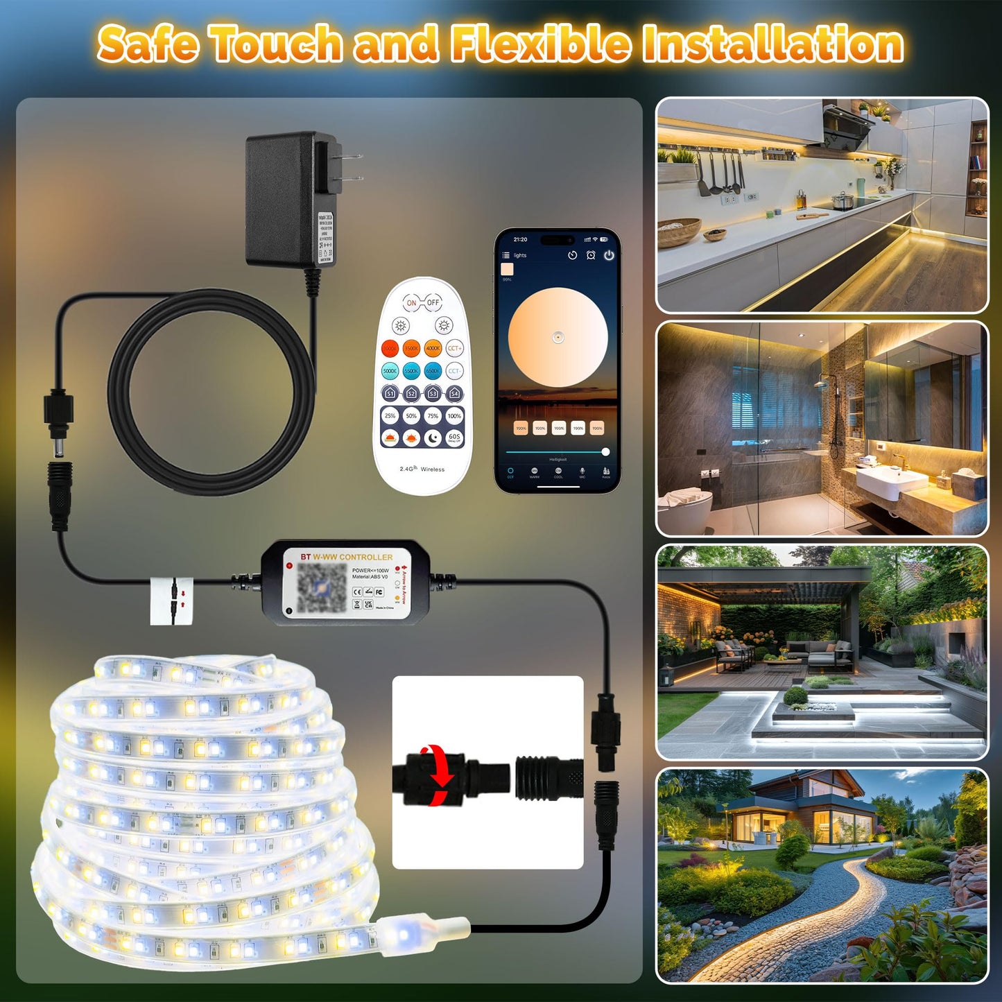 Tendist 100Ft Outdoor Led Strip Lights Waterproof Ip67  Dimmable 3000K-6500K Warm White Led Rope Lights Outdoor Waterproof With Remote & App  24V Adhesive Exterior Lighting For Patio  Deck  Gazebo