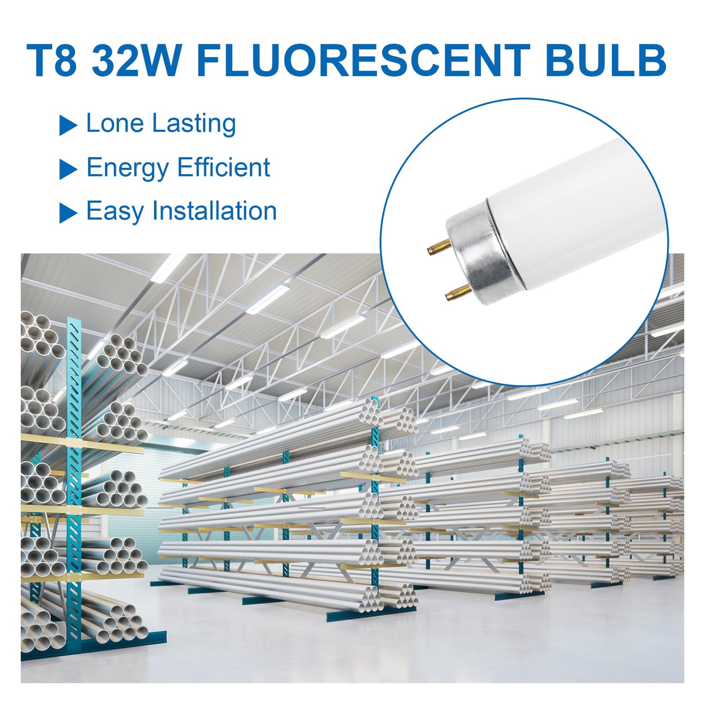 Wesome Lighting F32T8/865 Fluorescent Light Bulb  48 Inch  32 Watts  6500K Daylight  2800 Lumens  G13 Bi-Pin Base  4Ft T8 Fluorescent Tube Light Bulbs - 5 Pack