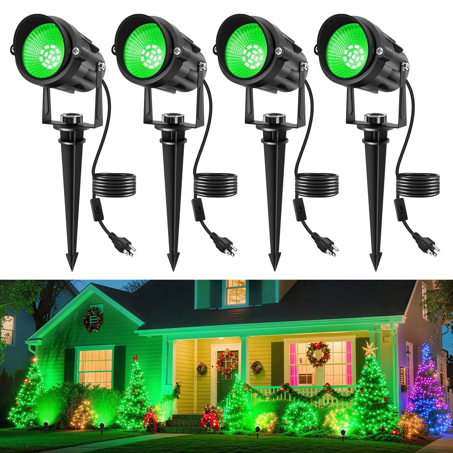 Crepow Christmas Green Landscape Lights Outdoor  14 Led Landscape Lighting With Us Plug  Ip65 Waterproof Spotlights For Tree Yard Garden Pathway St. Patrick S Day Halloween Decor 4 Pack