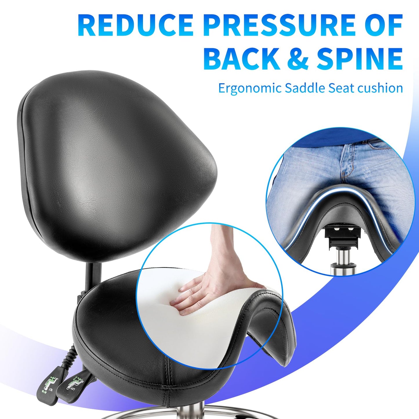 Saddle Chair with Back Support - Adjustable Height with Foot Rest，350 LBS Capacity Ergonomic，360° Swivel Drafting Chair for Salon，Spa，Massage，Tattoo，Facial lash，Home, Dentist Clinic (Black)