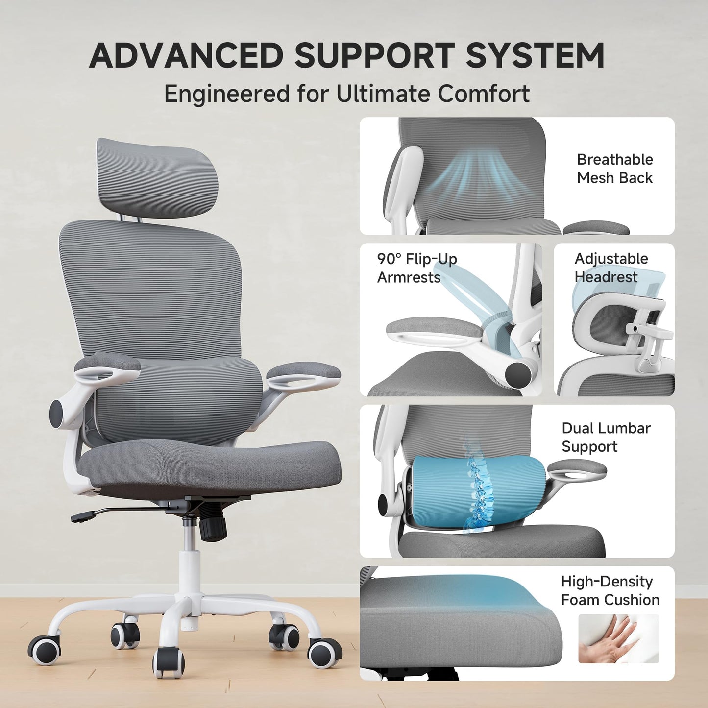 PKPT Ergonomic Office Chair, 330LBS Desk Chair with 3-Level Lumbar Support & Headrest, Breathable Mesh Backrest, Flip-Up Armrests for Home Office and Gaming, White and Gray