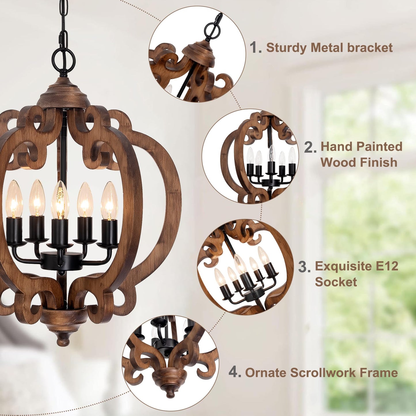 17.72 Farmhouse Wood Chandelier  5-Light Rustic Dining Room Light Fixture  Farmhouse Hanging Pendant Lighting  Vintage Orb Chandeliers For Kitchen Island Foyer Living Room Bedroom