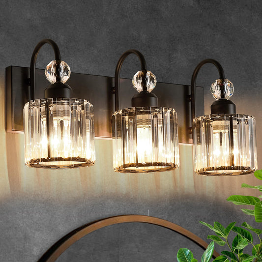 Diamondforge Bathroom Vanity Light Fixtures Over Mirror - Makeup Lighting Black - For Modern Wall  Bath  Desk  Farmhouse  Hallway (3 Crystal Lights)