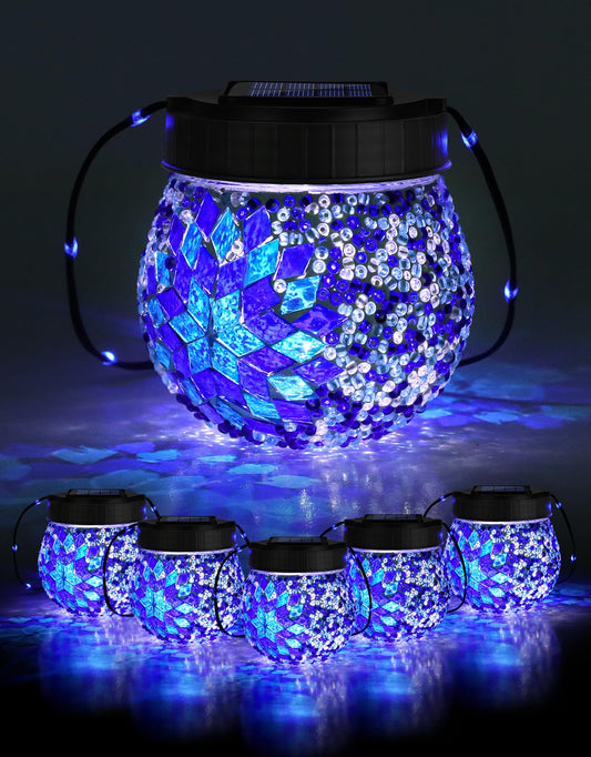 Mosaic Solar Lights Outdoor 6 Pack  Solar Hanging Lanterns Christmas Halloween Gifts For Women Mom Grandma  Waterproof Glass Globe Lights  Garden Patio Decor For Yard  Tree  Balcony  Cold