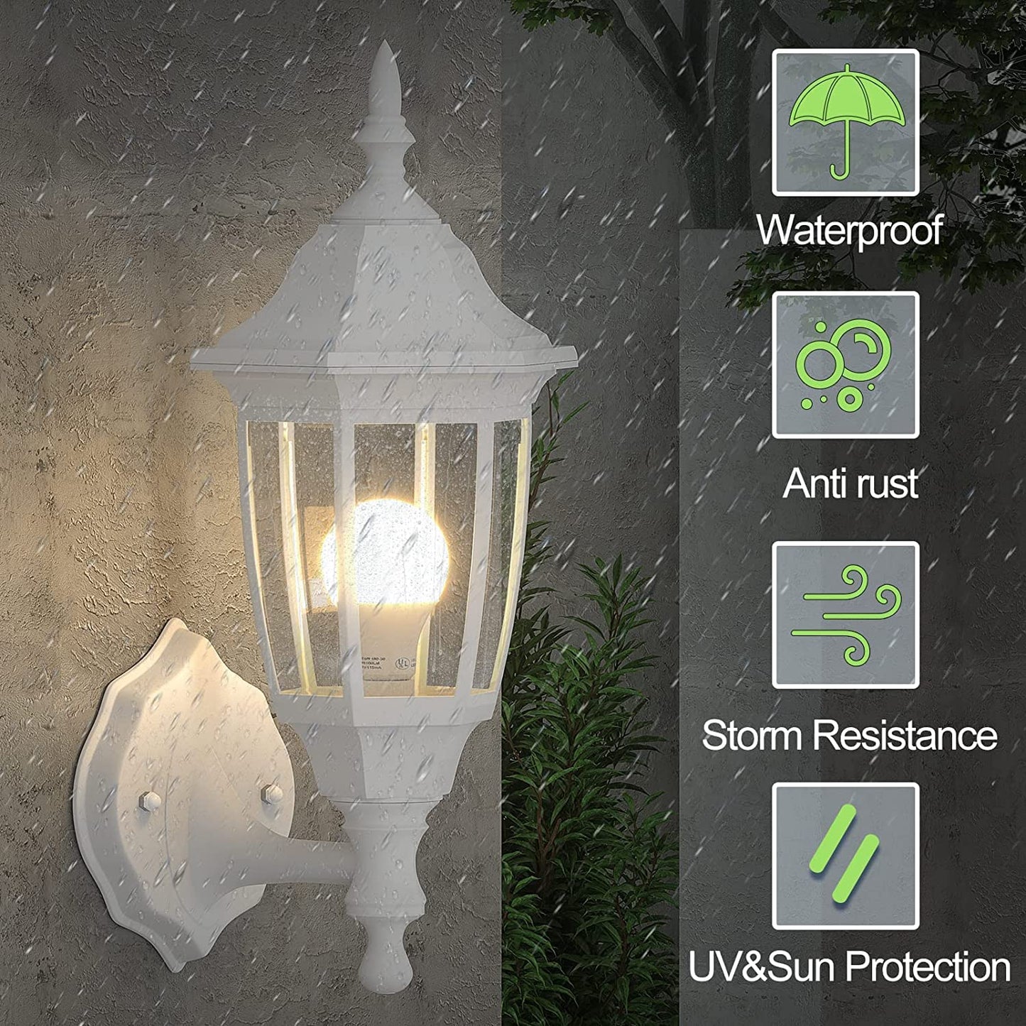 EMART Outdoor Porch Light, Waterproof Wall Fixture, Plastic, No Sensor, White, Model EM-WGL-2, Bulb Included