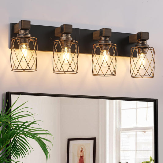 Farmhouse Bathroom Vanity Light  4-Light Wood Bathroom Light Fixtures Over Mirror  Black And Gold Industrial Vanity Lights With Metal Shade  Rustic Bathrooms Lighting For Living Room Bedroom Hallway