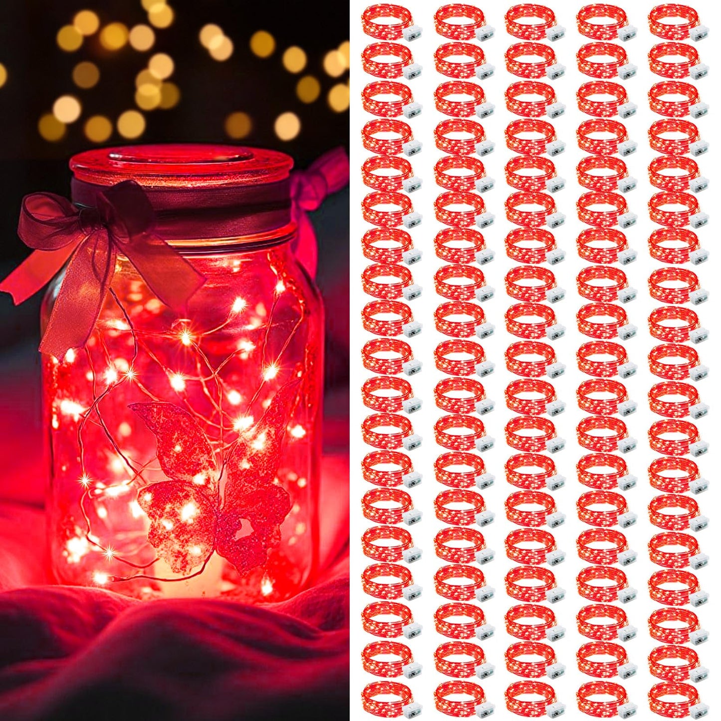 Aikei 100 Pack Led Fairy Lights Battery Operated  Mini String Lights Waterproof 7Ft 20 Led Firefly Starry Lighting 3 Modes For Wedding Party Bedroom Halloween Valentines Christmas Decoration Red