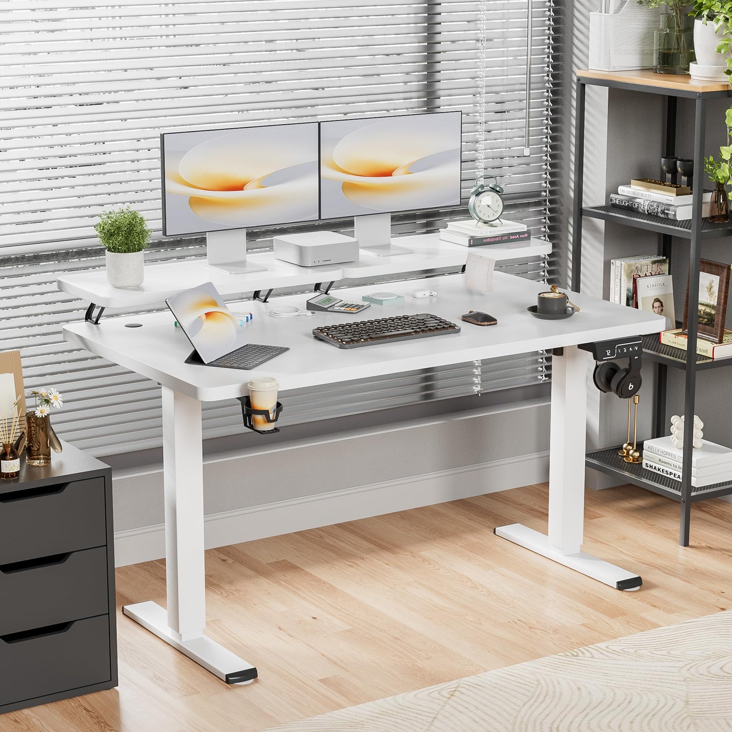 Shahoo Electric Standing Desk with Monitor Shelf, 55 x 24 Inches Height Adjustable Corner Table, Computer Workstation with Cup Holder and Hook for Home Office, White, 55x24 Inch
