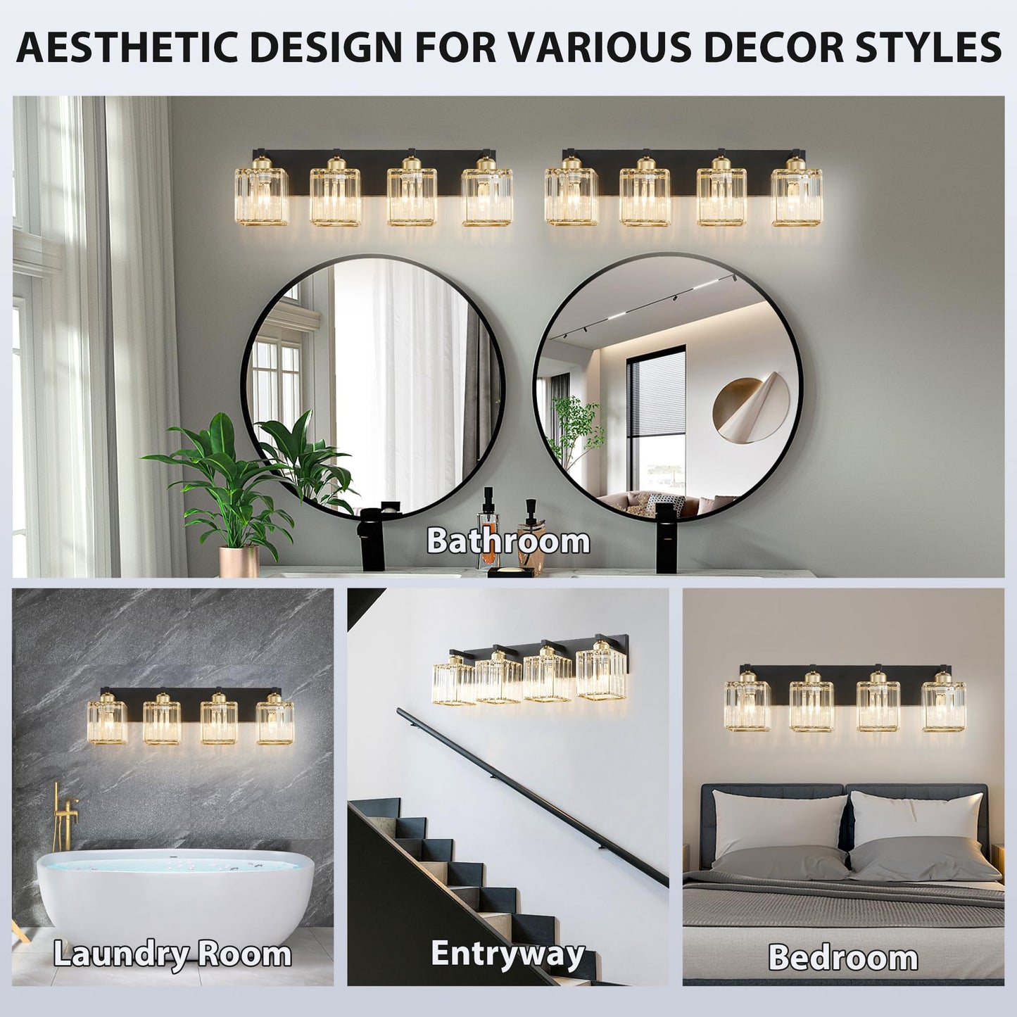 Bathroom Vanity Light Fixtures Over Mirror 4 Crystal Lights - Makeup Lighting Black Gold - For Modern Wall  Bath  Desk  Farmhouse  Hallway