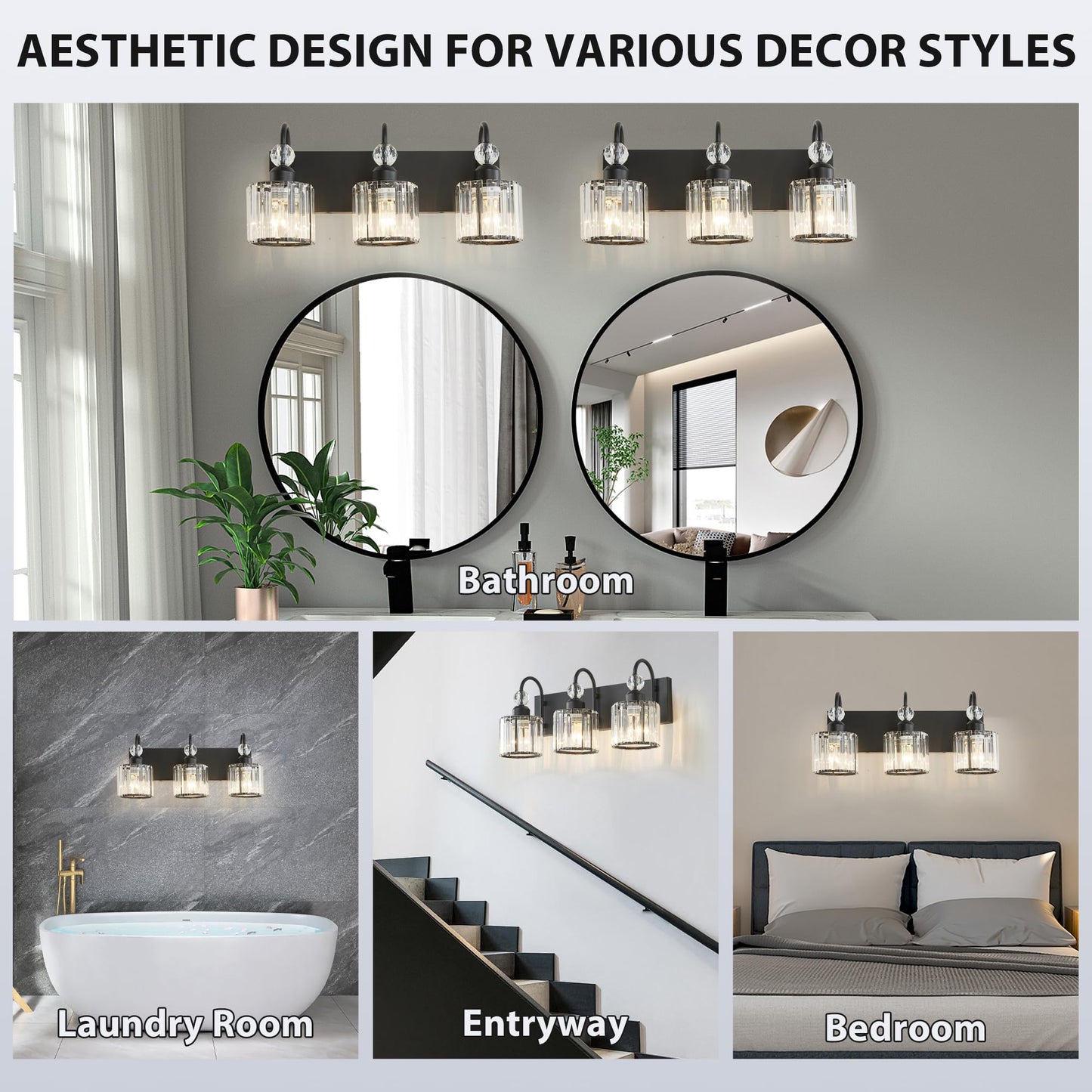 Diamondforge Bathroom Vanity Light Fixtures Over Mirror - Makeup Lighting Black - For Modern Wall  Bath  Desk  Farmhouse  Hallway (3 Crystal Lights)
