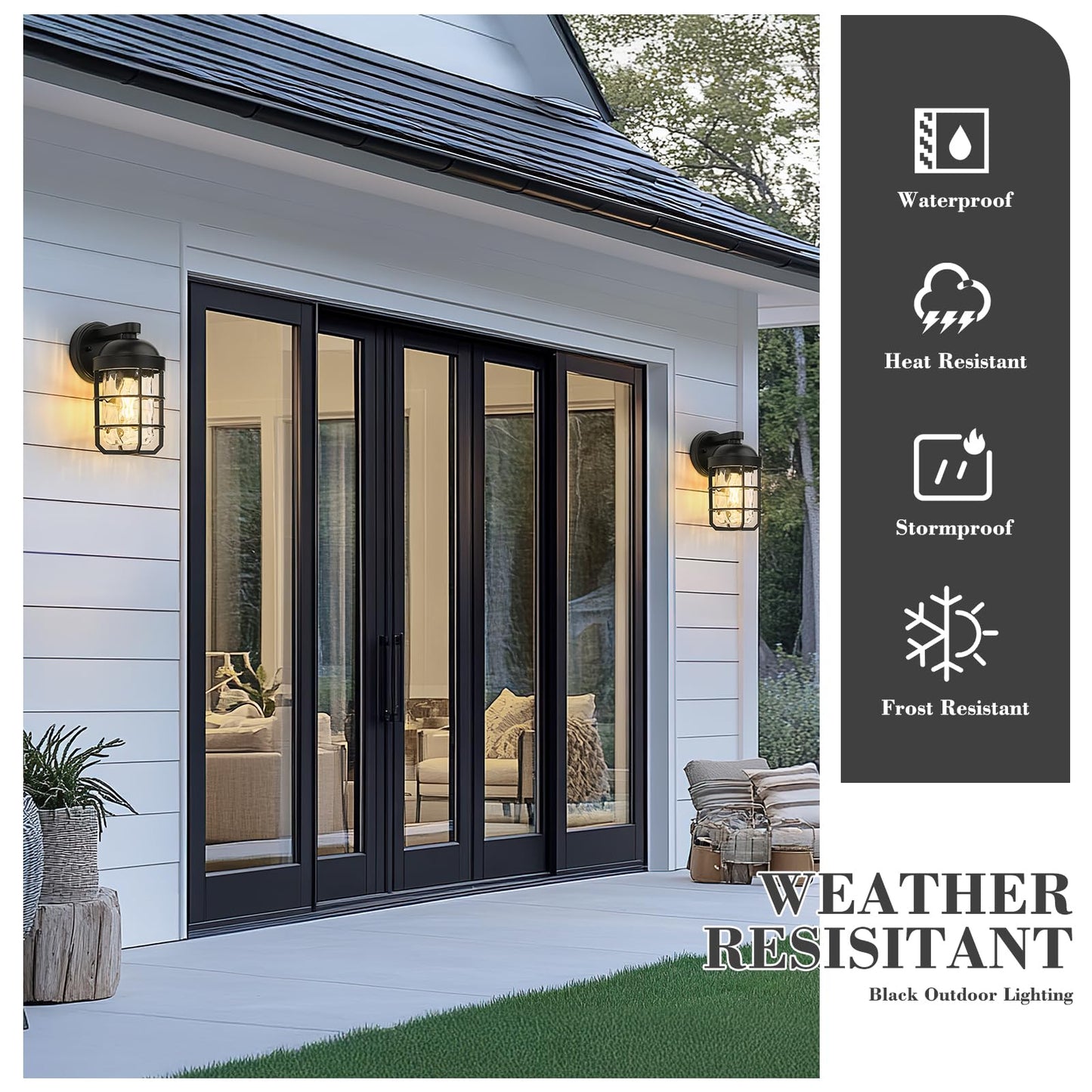 Emliviar 1-Light Porch Wall Lantern With Metal Cage  Outdoor Sconce Wall Mounted Lighting With Water Ripple Glass  Matte Black Finish  Ge255Bl Bk-Wg