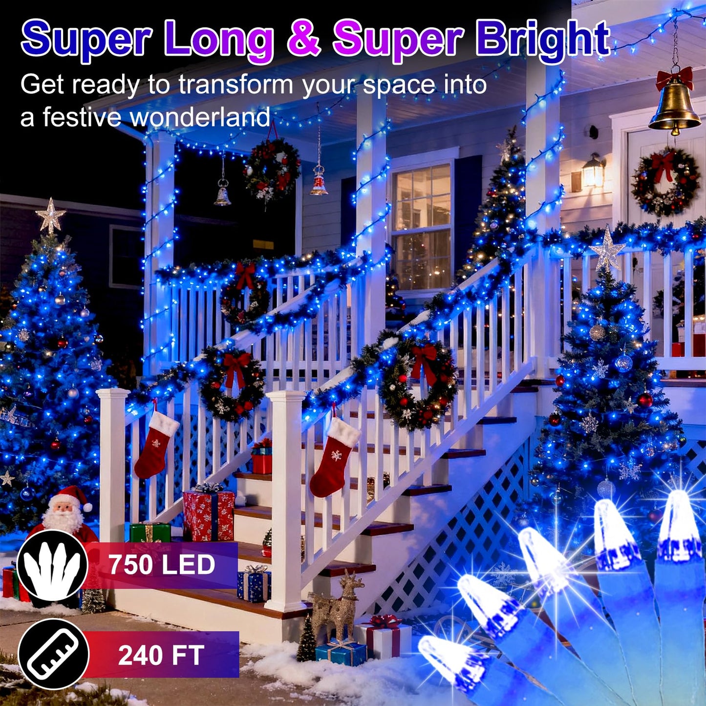 750 Led 240Ft Christmas String Lights Outdoor  12 Pro Modes And Timer Memory & Brightness  Plug In Outdoor Waterproof Clear Wire Twinkle Light For For Xmas Yard Tree Wedding Party Decor (Blue)