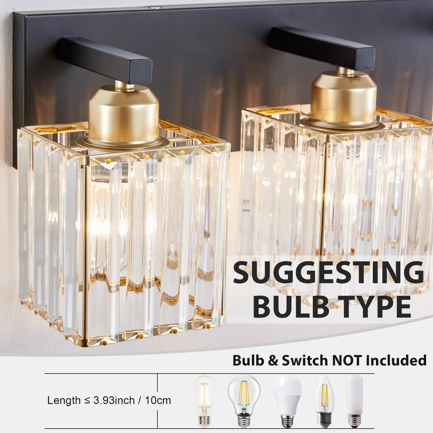 Bathroom Vanity Light Fixtures Over Mirror 4 Crystal Lights - Makeup Lighting Black Gold - For Modern Wall  Bath  Desk  Farmhouse  Hallway
