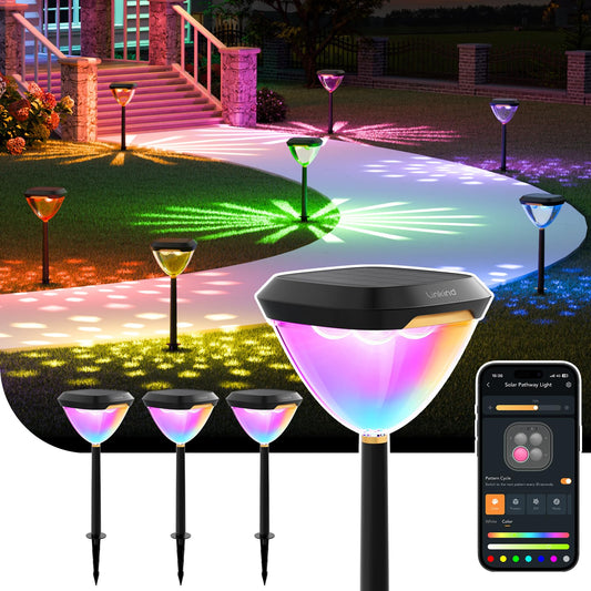 Linkind Smart Solar Pathway Lights Sp6  In-App Pattern Switching Solar Lights Outdoor Waterproof  Solar & Wired Charging Color-Changing Landscape Lighting  Christmas Decor For Yard  Patio (4 Pack)
