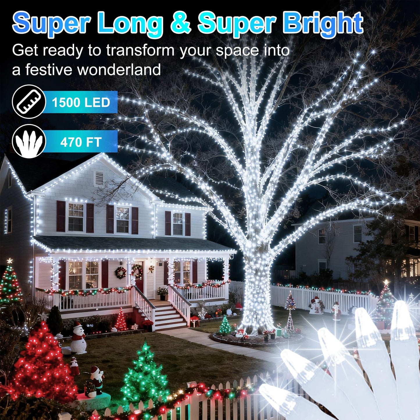 1500 Led 470Ft Christmas String Lights  12 Modes And Timer Memory Dimmable  Plug In Outdoor Waterproof Clear Wire Twinkle Fairy Light For For Xmas Yard Tree Wedding Party Outside Decor (Cool White)