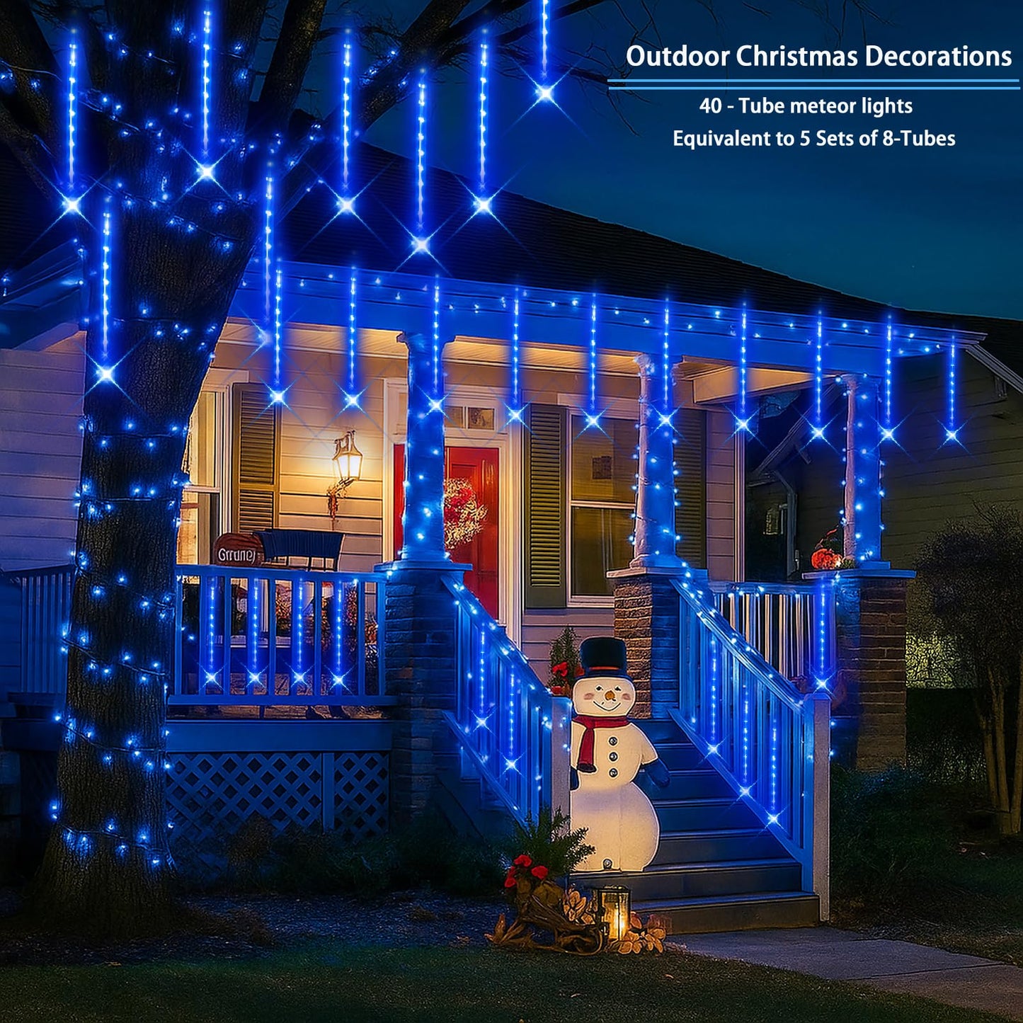Purtuemy Blue Christmas Icicle Lights Outdoor: 40 Tube(Equivalent To 5 Sets Of 8-Tubes) Meteor Shower Rain Lights - Waterproof Christmas Halloween Decorations For Yard Outside Tree Roof  Ul Plug