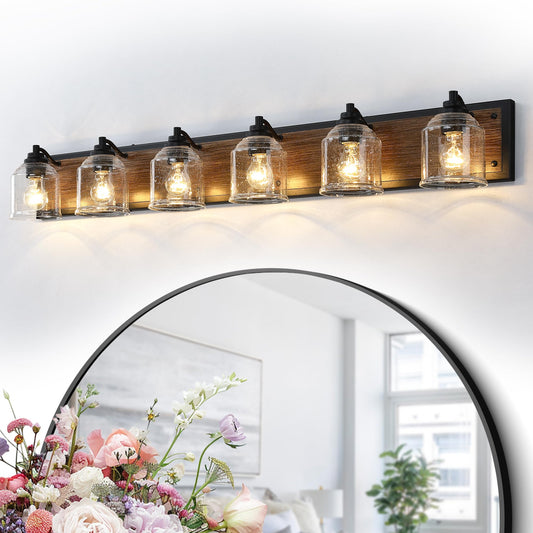 Yklitg Vanity Lights For Bathroom Large 48 Inch  Farmhouse Rustic Vanity Light With Bubble Glass Shades  Brown 6 Light Bathroom Lighting Fixtures Over Mirror  Bath Wall Sconce Home Decor