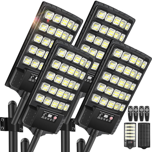 4Pack Solar Street Lights Outdoor Waterproof  30000Lm 6500K Led Motion Sensor Lights  Dusk To Dawn Solar Flood Light With Remote  Solar-Powered Parking Lot Light  Commercial Area Lighting For Outside