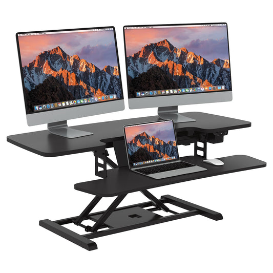 SANODESK 42" Electric Standing Desk Converter, Height Adjustable Riser for Office Home,Dual Monitor and Laptop Workstation with Large Keyboard Tray, Black Color