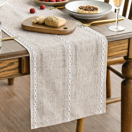 Artoid Mode Brown Rustic Cotton Linen Table Runner, Seasonal Embroidered Hollow Kitchen Dining Table Decoration for Home Party Decor 13x60 Inch