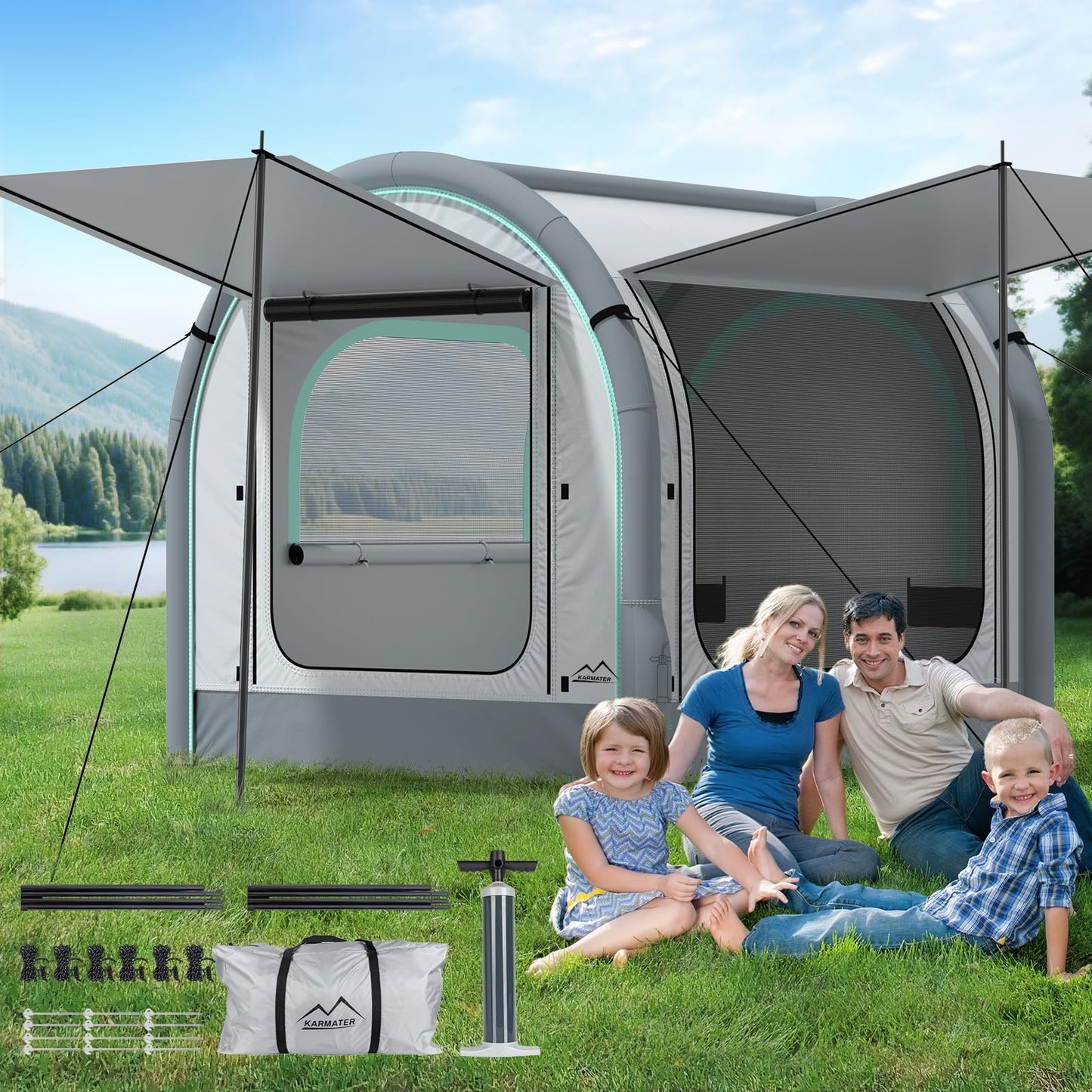 M KARMATER Large Inflatable Camping Tent, 60 Seconds Setup Blow Up Family Tent with Rainproof, Waterproof & Windproof, All Weather 4 Season SUV Outdoor Camping Tent for 2-4 Person with Storage Bag