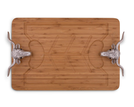 Arthur Court Designs Aluminum Longhorn Handle Bamboo Wood Carving/Cheese Board Large Tray for Serving Meats or Appetizer 20 inch x 13 inch
