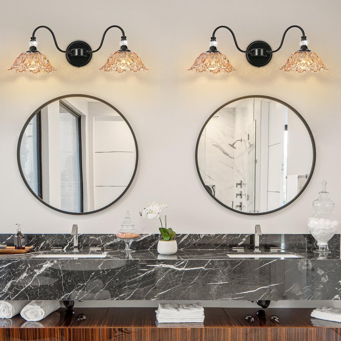 Sunkryster Black Bathroom Vanity Light  2-Light Vanity Light With Floral Amber Glass Shades Vintage Farmhouse Wall Mount Lighting For Bathroom  Dressing Table