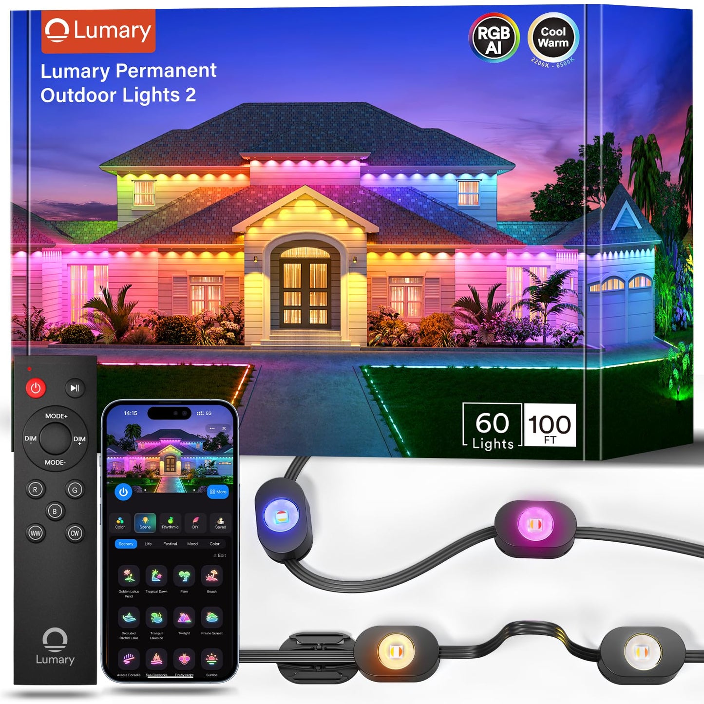 Lumary Smart Permanent Outdoor Lights 2 With Remote & Slide-Base  100Ft With 60 Rgbaicw Leds 3600Lm For Daily & Accent Lighting  110+ Modes For Halloween Christmas Decor  Work With Alexa Google  Black