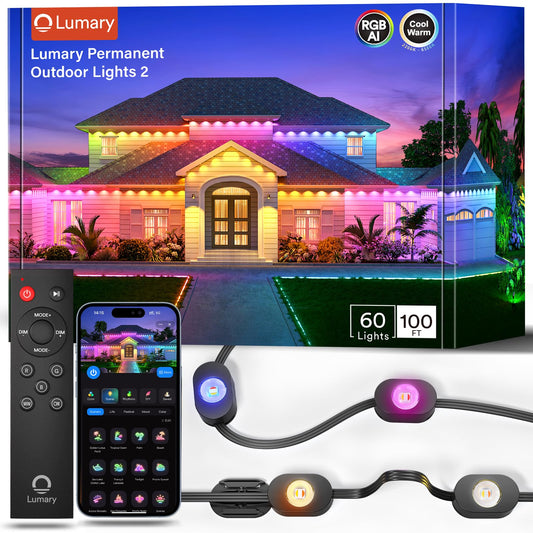 Lumary Smart Permanent Outdoor Lights 2 With Remote & Slide-Base  100Ft With 60 Rgbaicw Leds 3600Lm For Daily & Accent Lighting  110+ Modes For Halloween Christmas Decor  Work With Alexa Google  Black
